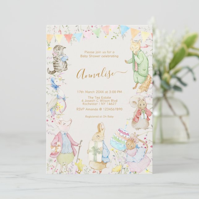 Invitación Beatriz Peter the Rabbit Woodland Baby Shower (Anverso de pie)