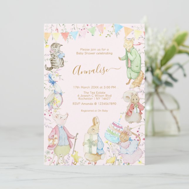 Invitación Beatriz Peter the Rabbit Woodland Baby Shower (Anverso de pie)