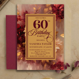Invitación Beautiful 60th Birthday Burgundy Roses Gold Invite