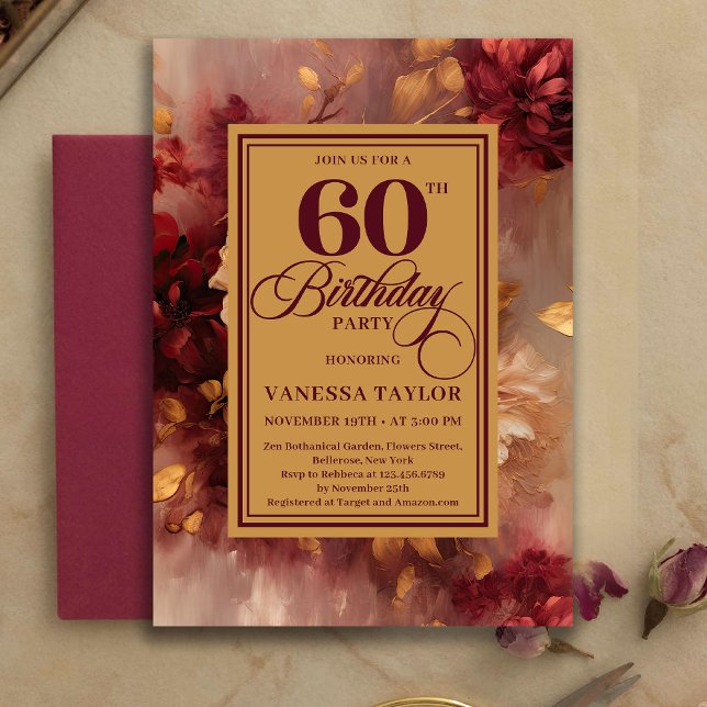 Invitación Beautiful 60th Birthday Burgundy Roses Gold Invite (Beautiful 60th Birthday Burgundy Roses Gold Invitation)