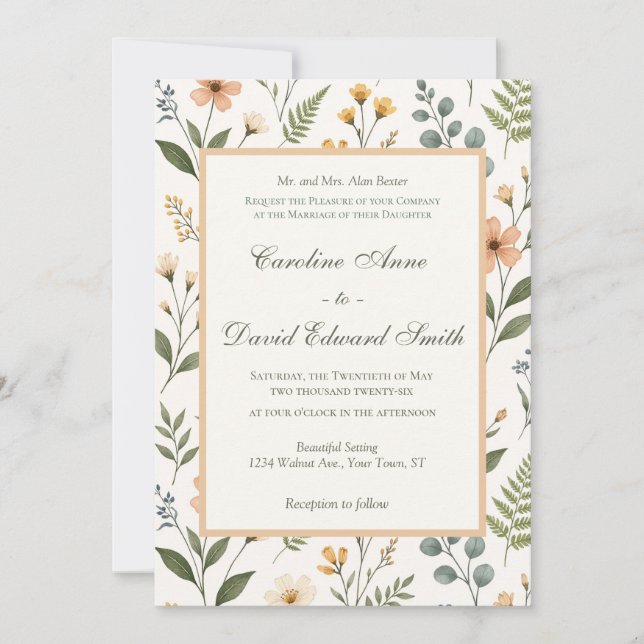 Invitación Beautiful Pastel Neutral Wildflowers and Ferns (Anverso)