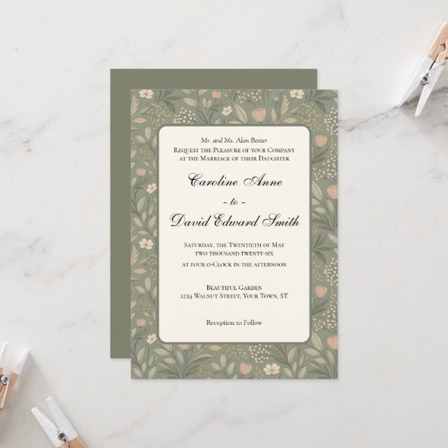 Invitación Beautiful Soft Flowers on Sage Green Muted Earthy (Anverso/Reverso In Situ)