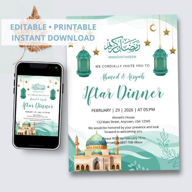 Invitación Beautiful Teal Watercolor Mosque Iftar Invitation (Subido por el creador)