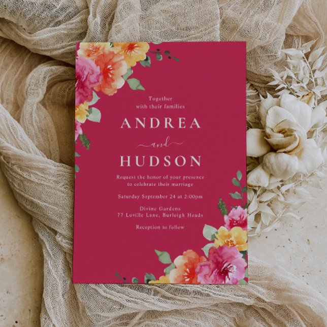 Invitación Beautiful Vibrant Pink Watercolor Floral Wedding (Subido por el creador)