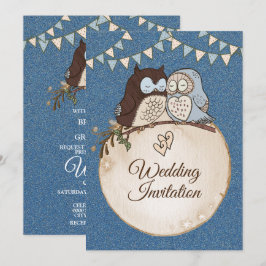 Invitación Beautiful Wedding Blue Brown Owl Glitter