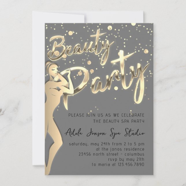 Invitación Beauty Body Fiesta descarga instantánea Gris dorad (Anverso)