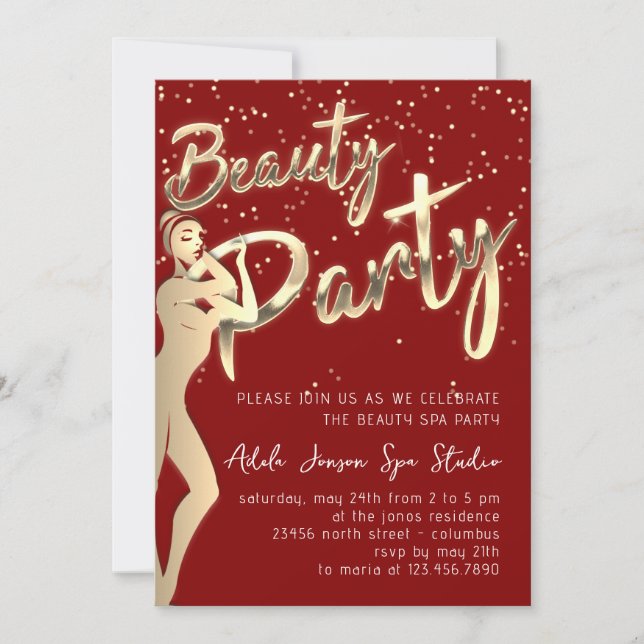 Invitación Beauty Body Fiesta descarga instantánea oro Borgoñ (Anverso)