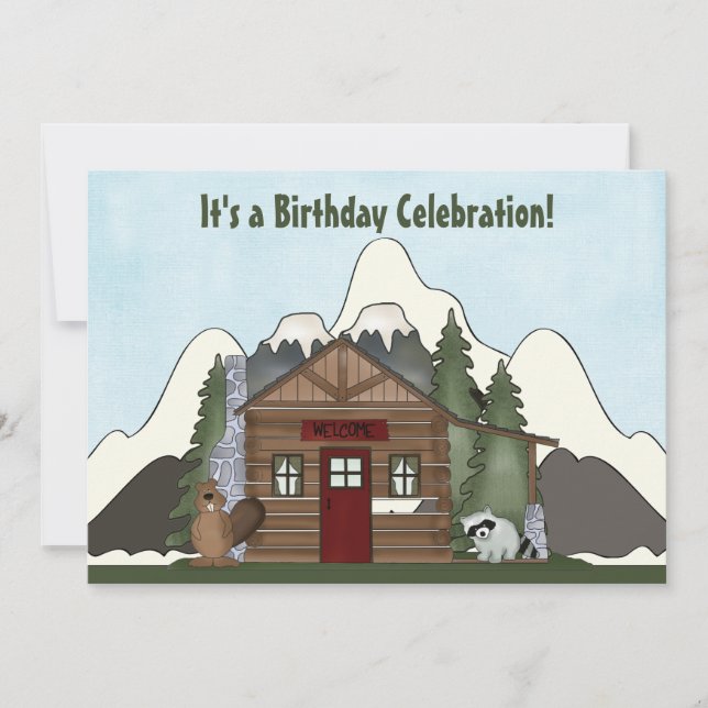 Invitación Beaver, Raccoon y Mountain Cabin Birthday Invite (Anverso)