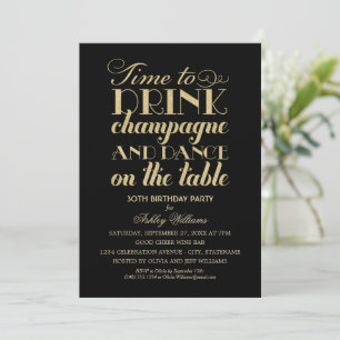 Invitación Beba champán baile brillo negro dorado