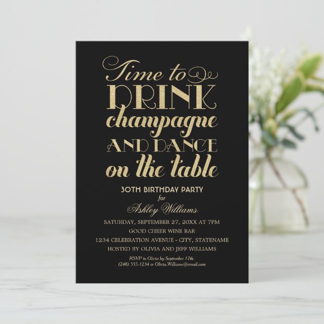 Invitación Beba champán baile brillo negro dorado (Anverso de pie)
