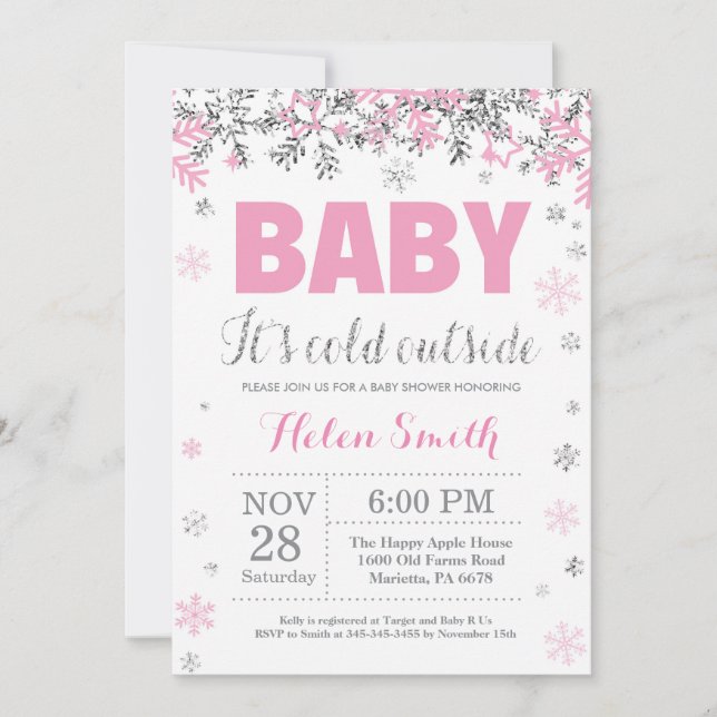 Invitación Beba el frío fuera de Baby Shower Chica rosado pla (Anverso)