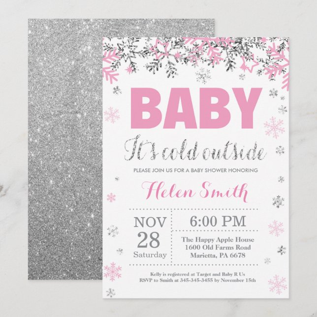 Invitación Beba el frío fuera de Baby Shower Chica rosado pla (Anverso / Reverso)