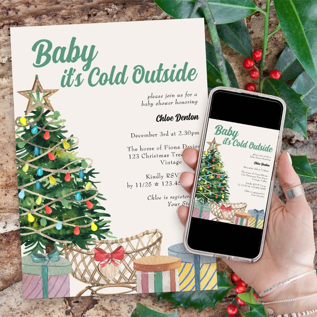 Invitación Beba el frío fuera de la ventisca Baby Shower (Baby its Cold Outside baby shower invitation for holiday season with crib under the christmas tree)