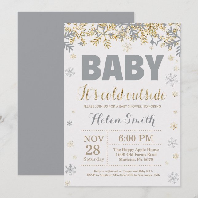Invitación Beba el frío fuera del oro y el Baby Shower gris (Anverso / Reverso)