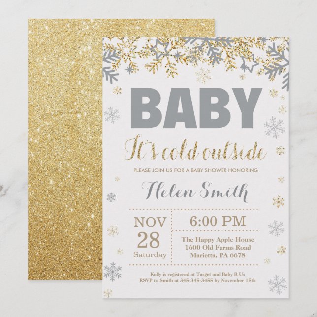 Invitación Beba el frío fuera del oro y el Baby Shower gris (Anverso / Reverso)