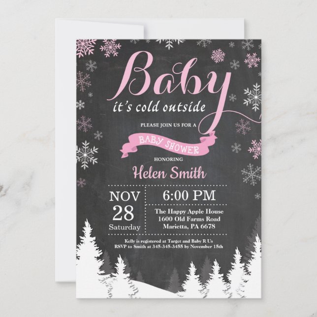 Invitación Beba su frío fuera del invierno Chica rosa Baby Sh (Anverso)