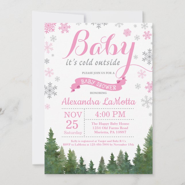 Invitación Beba su frío fuera del invierno Chica rosa Baby Sh (Anverso)