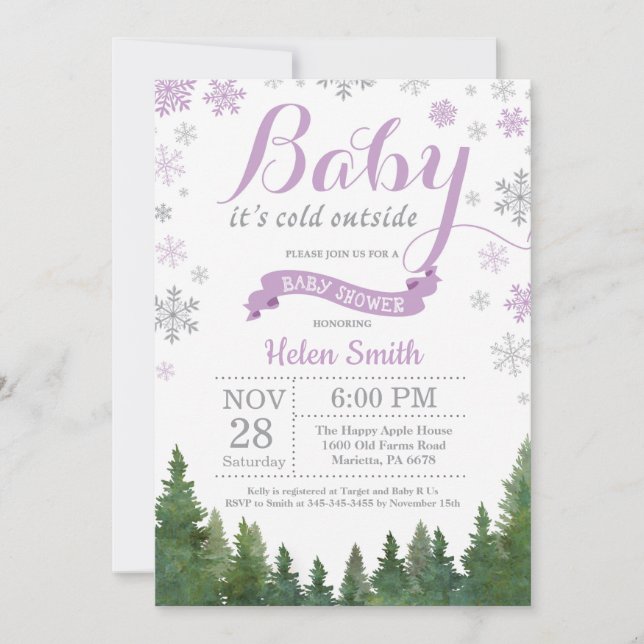 Invitación Beba su frío fuera del invierno morado Baby Shower (Anverso)