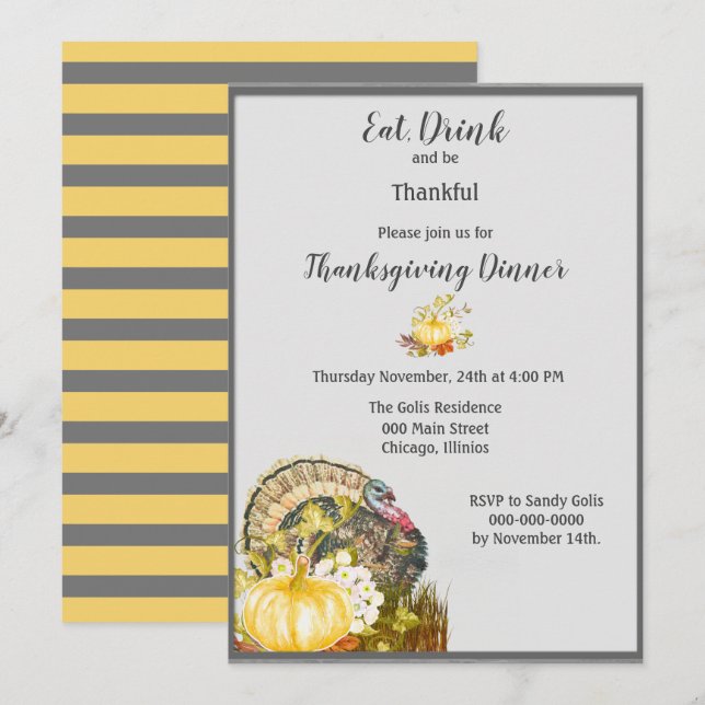 Invitación Beba y sé agradecido por la cena de Acción de Grac (Anverso / Reverso)