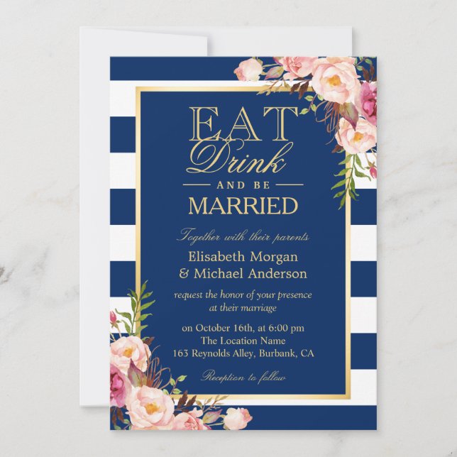 Invitación Beba y sé Boda de franjas azules de la marina casa (Anverso)