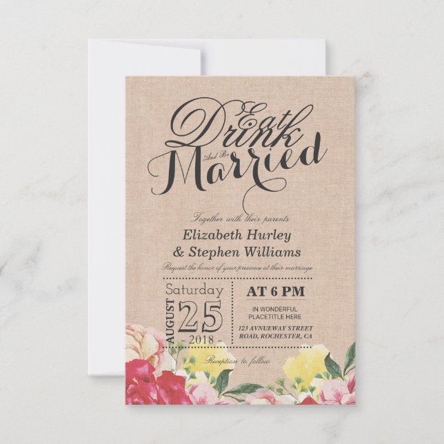 Invitación Beba y sé Boda de Linen Floral de Moda casada (Anverso)