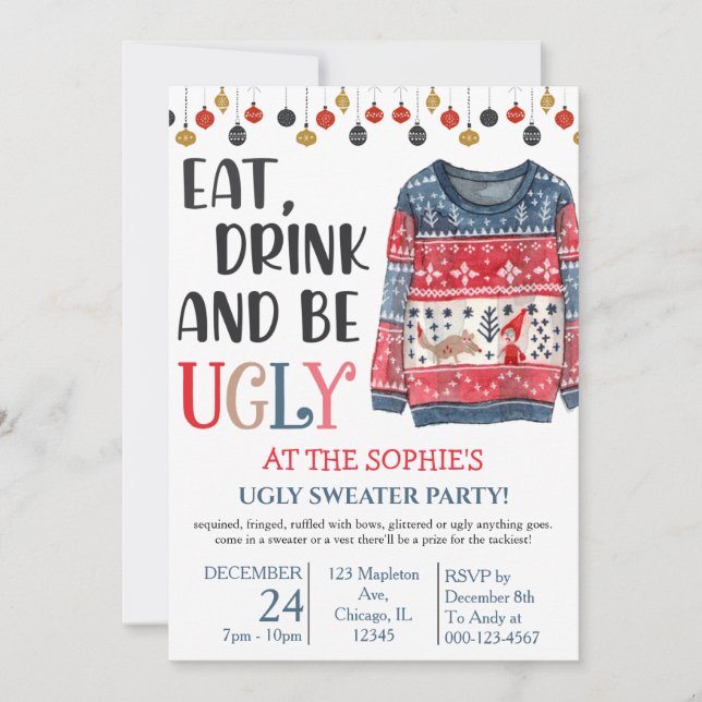 Invitación Beba y sé Navidades suéteres fea Fiesta (Anverso)