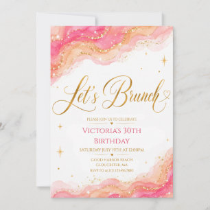 Invitación Bebamos Brunch Bi de Glitter Dorado y Acuarela Ros