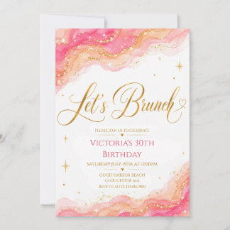 Invitación Bebamos Brunch Bi de Glitter Dorado y Acuarela Ros