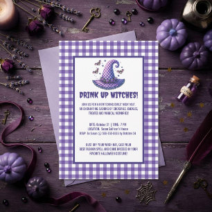 Invitación ¡Beban Brujas Sombrero de Bruja de Gingham Hallowe