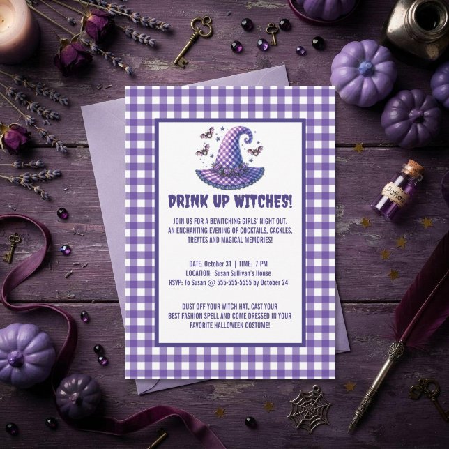 Invitación ¡Beban Brujas Sombrero de Bruja de Gingham Hallowe (Subido por el creador)