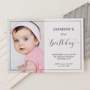 Invitación Bebé 1 cumpleaños elegante guión perpendicular fot