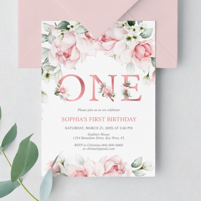 Invitación Bebé 1cumpleaños Rubor y Rosa Gold Floral (Subido por el creador)