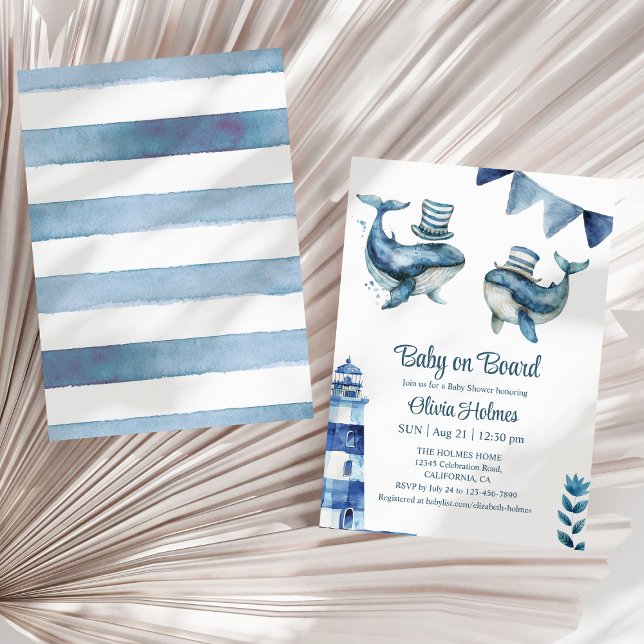 Invitación "Bebé a bordo" Baby Shower náutico de la Marina ("Baby on Board" Navy Nautical Baby Shower Invitation on a sunny neutral dry palm leaf.)