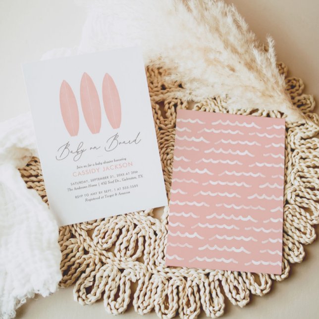 Invitación Bebé a bordo Chica de Surfboard Rosa Baby Shower (Subido por el creador)