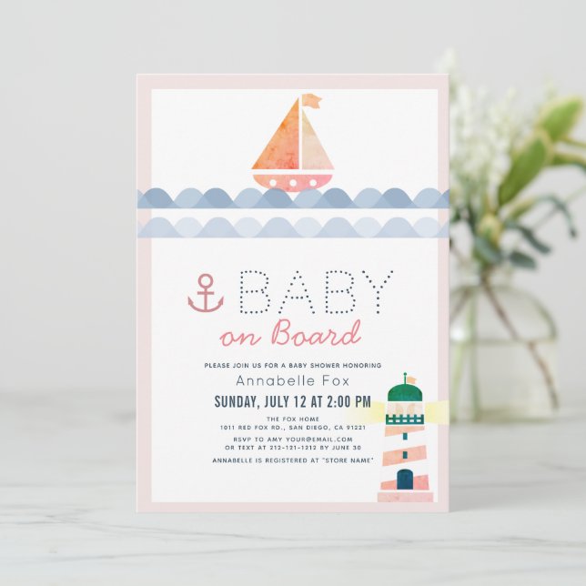 Invitación Bebé a bordo Chica rosado náutico Baby Shower (Anverso de pie)