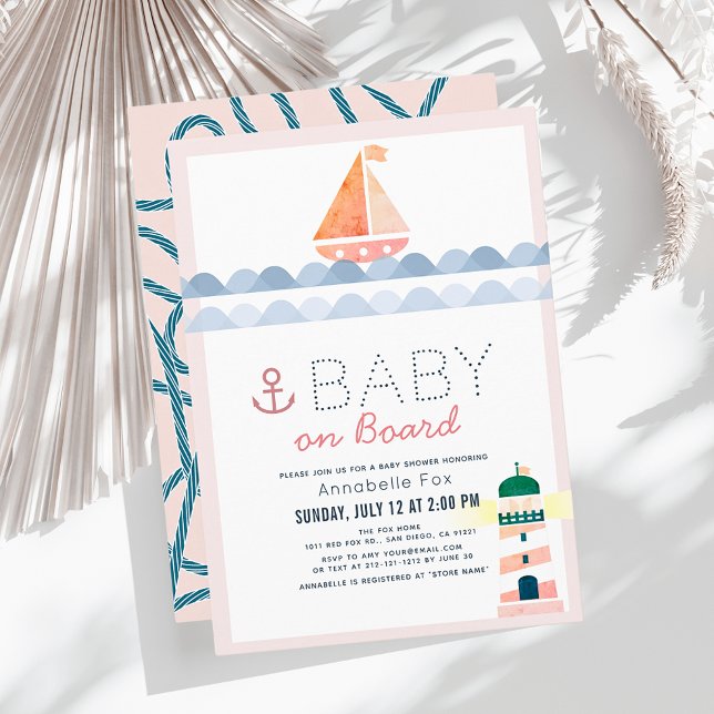 Invitación Bebé a bordo Chica rosado náutico Baby Shower (Subido por el creador)