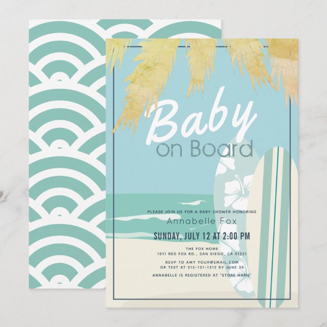 Invitación Bebé a bordo de Beach Surf Boy Baby Shower (Anverso / Reverso)