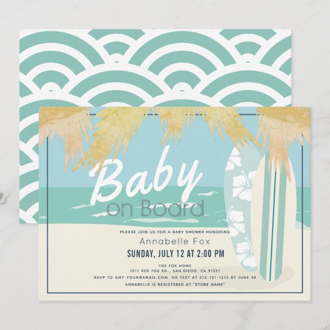 Invitación Bebé a bordo de Beach Surf Boy Baby Shower (Anverso / Reverso)