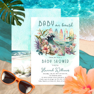 Invitación Bebé a bordo de la Baby Shower Tropical Surfing Fl