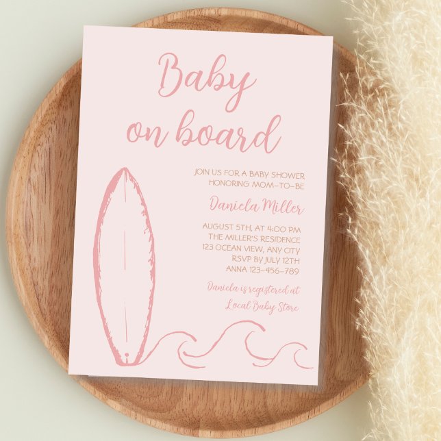 Invitación Bebé a bordo de la mano de la moto de la niña (Baby On Board Surf Hand Drawn Baby Girl Shower Invitation)