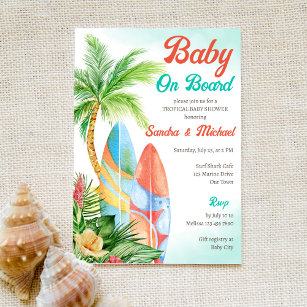 Invitación Bebé a bordo de la playa de surf tropical