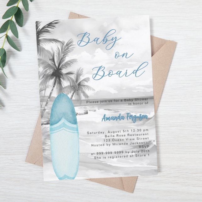 Invitación Bebé a bordo de surf niño azul retro Baby Shower (Subido por el creador)