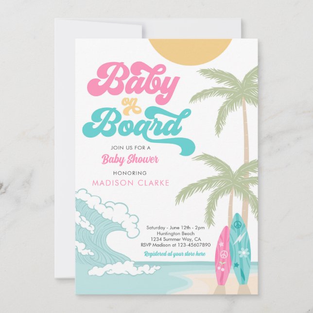 Invitación Bebé a bordo de Surfboard Beach Retro Baby Shower (Anverso)