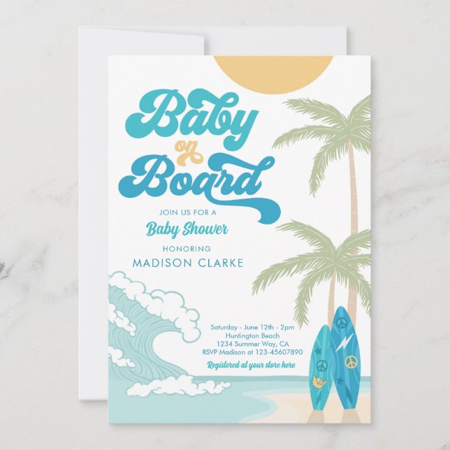 Invitación Bebé a bordo de Surfboard Beach Retro Baby Shower (Anverso)