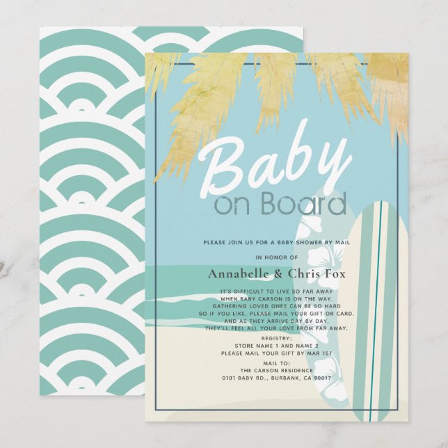 Invitación Bebé a bordo del Baby Shower de Beach Surf Boy por (Anverso / Reverso)