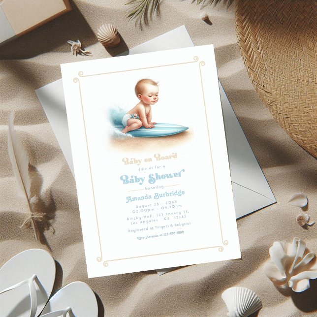 Invitación Bebé a bordo del Baby Shower Temático de Surfing (Baby on Board Surfing Theme Baby Shower Invitation)