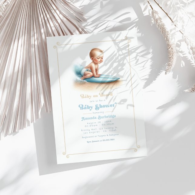 Invitación Bebé a Bordo Fiesta de Revelación con Tema de Surf (aby on Board Surfing Theme Baby Shower Invitation)