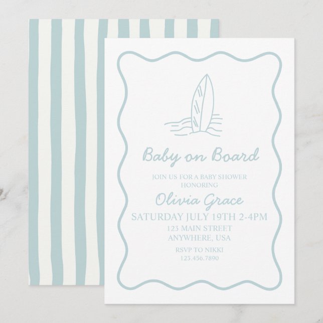 Invitación Bebé a bordo garabato tabla de surf Playa Shower d (Anverso / Reverso)