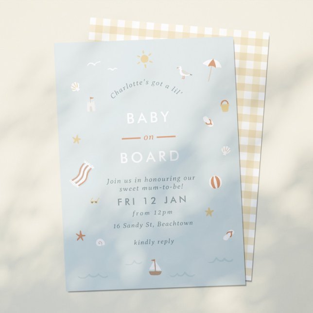 Invitación "Bebé a bordo" Gingham Beach Tema Baby Shower (Subido por el creador)