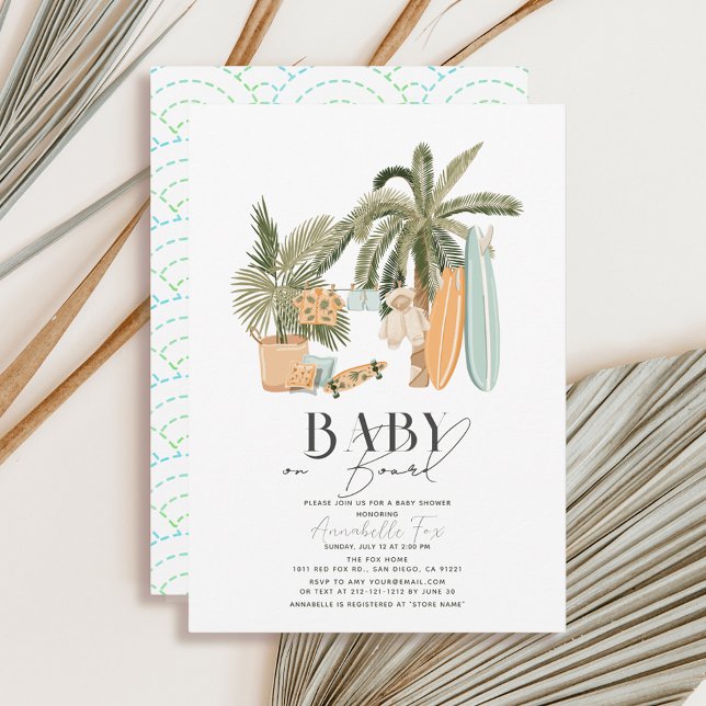 Invitación Bebé a bordo Palm Tree Surfboard Baby Shower (Subido por el creador)